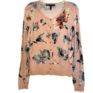 WHBM Snap Cardigan Womens Large Peach Floral V-Neck Lightweight Small Sweater